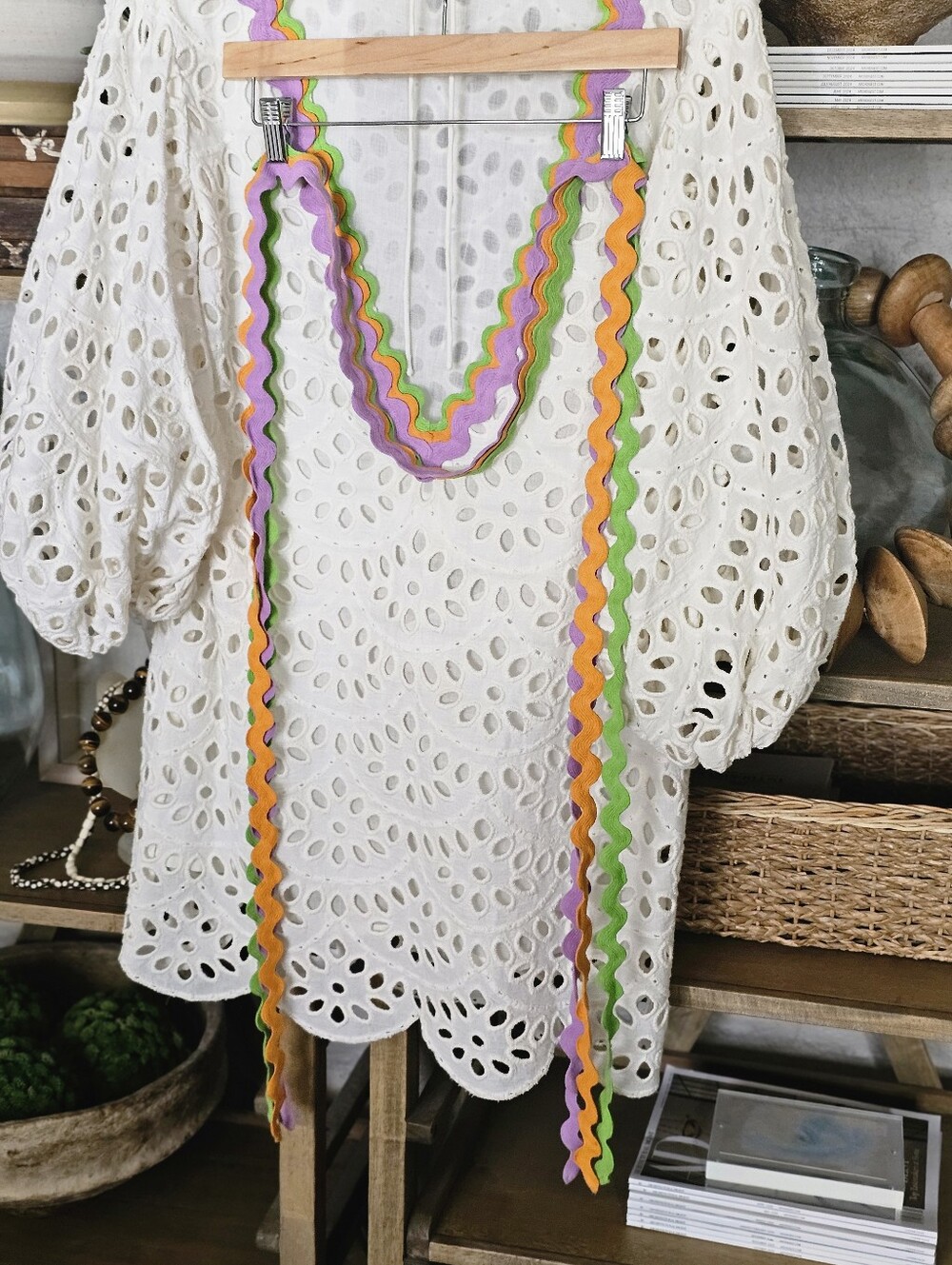 Sundress Edo Cotton Eyelet Babydoll Mini Dress V Plunging Neckline Ric Rac Trim - Picture 10 of 16